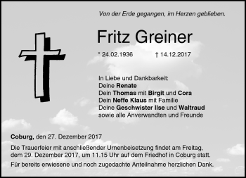 Traueranzeige von Fritz Greiner von Neue Presse Coburg
