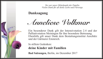 Traueranzeige von Anneliese Volkmar von Südthüringer Presse