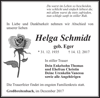 Traueranzeige von Helga Schmidt von Südthüringer Presse