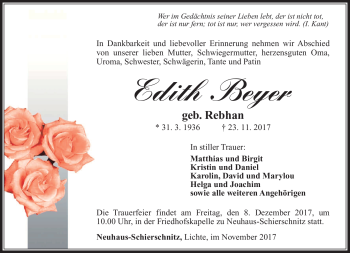 Traueranzeige von Edith Beyer von Südthüringer Presse