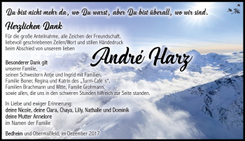 Traueranzeige von André Harz von Südthüringer Presse