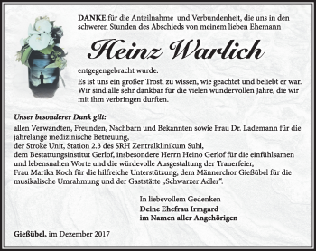 Traueranzeige von Heinz Warlich von Südthüringer Presse
