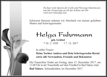 Traueranzeige von Helga Fuhrmann von Südthüringer Presse