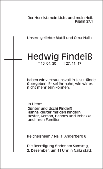 Traueranzeige von Hedwig Findeiß von Frankenpost