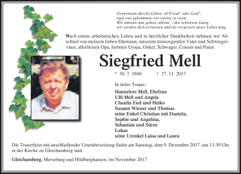 Traueranzeige von Siegfried Mell von Südthüringer Presse