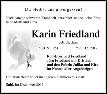 Traueranzeige von Karin Friedland von Südthüringer Presse