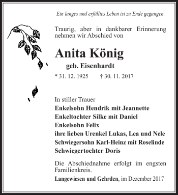 Traueranzeige von Anita König von Südthüringer Presse