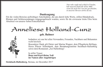 Traueranzeige von Anneliese Holland-Cunz von Südthüringer Presse