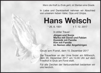 Traueranzeige von Hans Welsch von Neue Presse Coburg