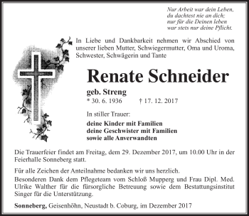 Traueranzeige von Renate Schneider von Südthüringer Presse