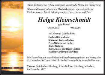 Traueranzeige von Helga Kleinschmidt von Südthüringer Presse