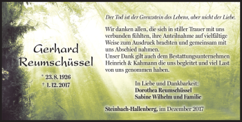 Traueranzeige von Gerhard Reumschüssel von Südthüringer Presse