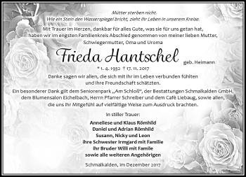 Traueranzeige von Frieda Hantschel von Südthüringer Presse