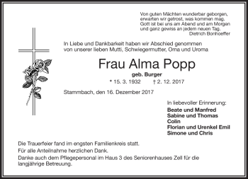Traueranzeige von Alma Popp von Frankenpost