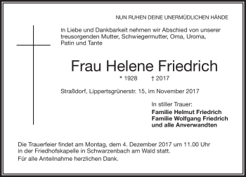 Traueranzeige von Helene Friedrich von Frankenpost