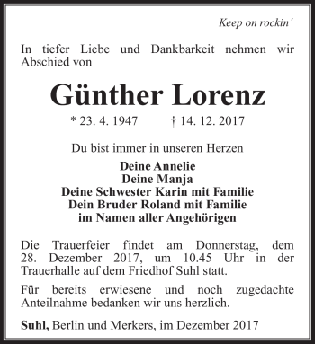 Traueranzeige von Günther Lorenz von Südthüringer Presse