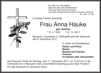 Traueranzeige von Anna Hauke von Frankenpost