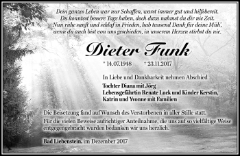 Traueranzeige von Dieter Funk von Südthüringer Presse