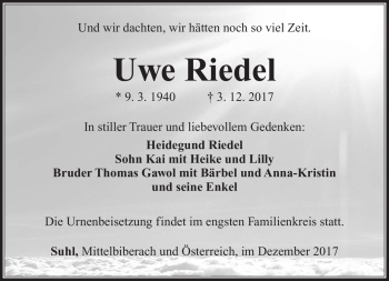 Traueranzeige von Uwe Riedel von Südthüringer Presse
