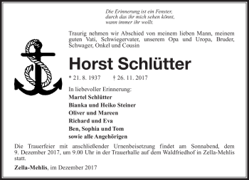 Traueranzeige von Horst Schlütter von Südthüringer Presse