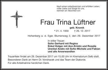 Traueranzeige von Trina Lüftner von Frankenpost