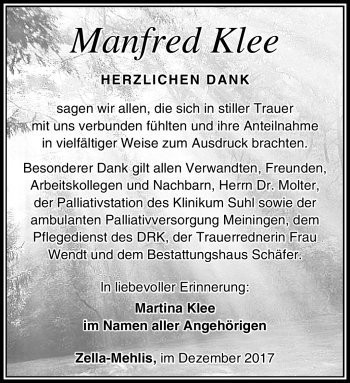Traueranzeige von Manfred Klee von Südthüringer Presse