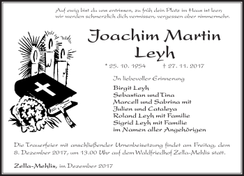 Traueranzeige von Joachim Leyh von Südthüringer Presse