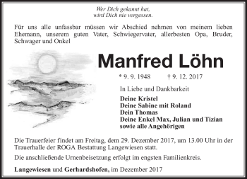 Traueranzeige von Manfred Löhn von Südthüringer Presse