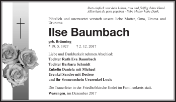 Traueranzeige von Ilse Baumbach von Südthüringer Presse