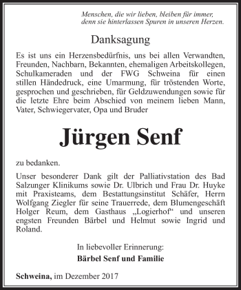 Traueranzeige von Jürgen Senf von Südthüringer Presse