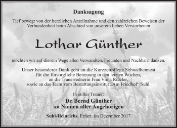 Traueranzeige von Lothar Günther von Südthüringer Presse