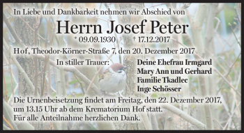Traueranzeige von Josef Peter von Frankenpost