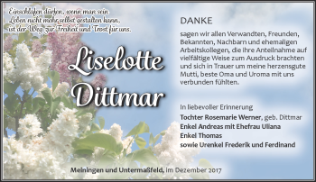 Traueranzeige von Liselotte Dittmar von Südthüringer Presse