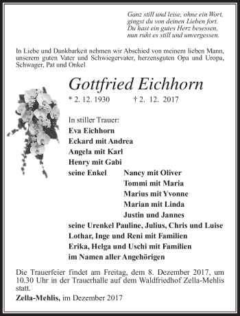 Traueranzeige von Gottfried Eichhorn von Südthüringer Presse