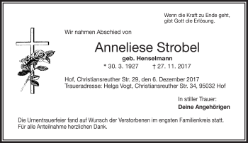 Traueranzeige von Anneliese Strobel von Frankenpost
