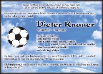 Traueranzeige von Dieter Knauer von Südthüringer Presse