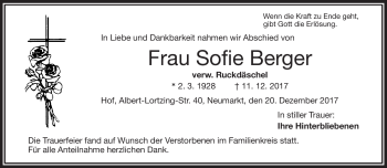 Traueranzeige von Sofie Berger von Frankenpost