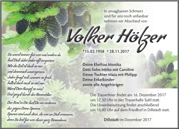 Traueranzeige von Volker Hölzer von Südthüringer Presse