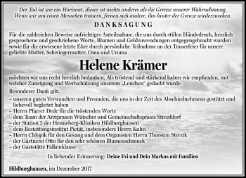 Traueranzeige von Helene Krämer von Südthüringer Presse