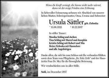 Traueranzeige von Ursula Sättler von Südthüringer Presse