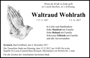 Traueranzeige von Waltraud Wohlrath von Neue Presse Coburg