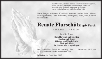 Traueranzeige von Renate Flurschütz von Südthüringer Presse