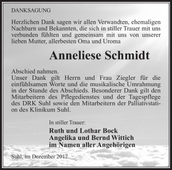 Traueranzeige von Anneliese Schmidt von Südthüringer Presse