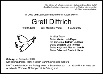 Traueranzeige von Gretl Dittrich von Neue Presse Coburg