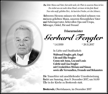 Traueranzeige von Gerhard Fengler von Südthüringer Presse
