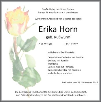 Traueranzeige von Erika Horn von Neue Presse Coburg