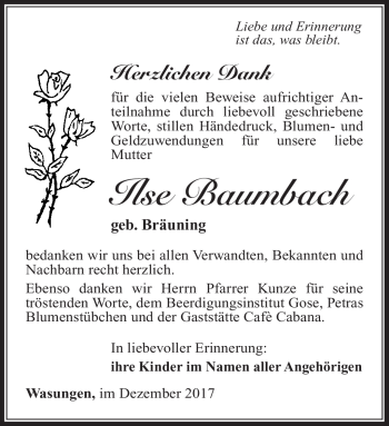 Traueranzeige von Ilse Baumbach von Südthüringer Presse