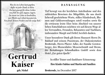 Traueranzeige von Gertrud Kaiser von Südthüringer Presse