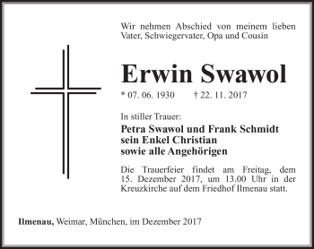 Traueranzeige von Erwin Swawol von Südthüringer Presse