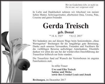 Traueranzeige von Gerda Treisch von Südthüringer Presse